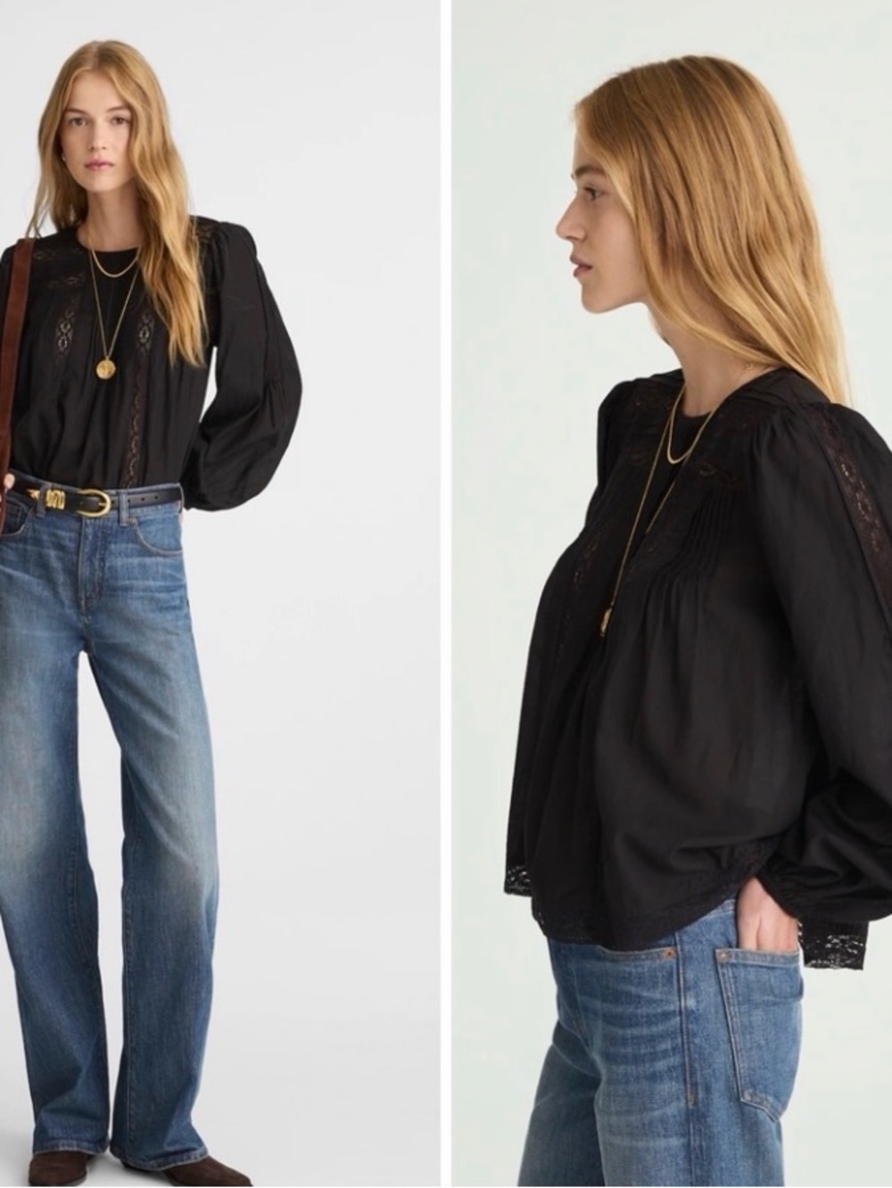 Madewell Lace-Insert Pintucked Long-Sleeve Top Blouse Jet Black Size XXS 2XS NWT